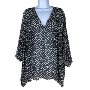 Baci Cotton Silk Ikat Print Flowy Boho Oversized Tunic Top White Black Size S